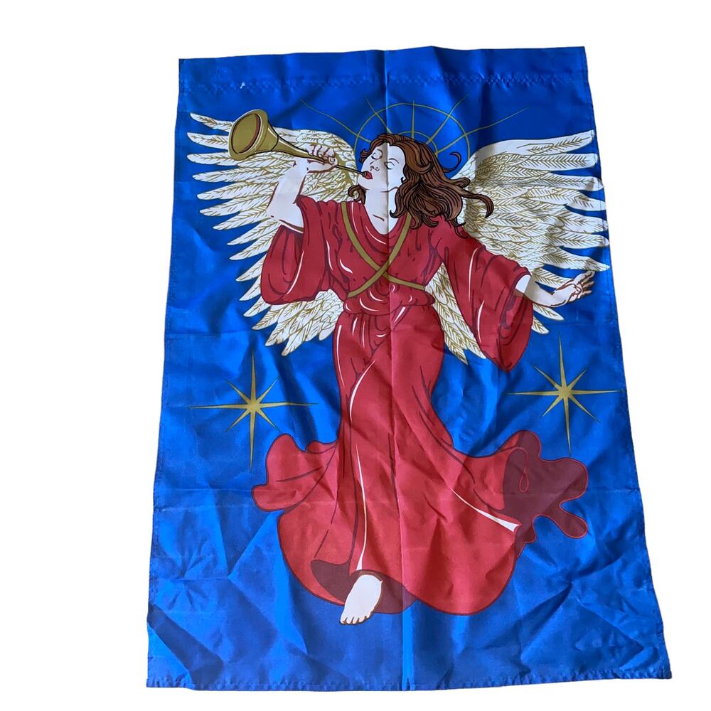 Vintage Garden Holiday Christmas Flag Angel blowing Trumpet Red Gold Blue